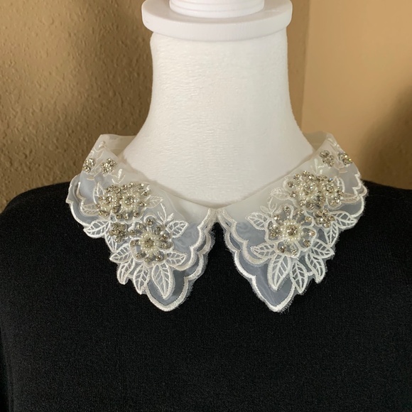 Siani Milano Black Knit Top White Embellished Lace Collar XL NWT - Picture 5 of 9